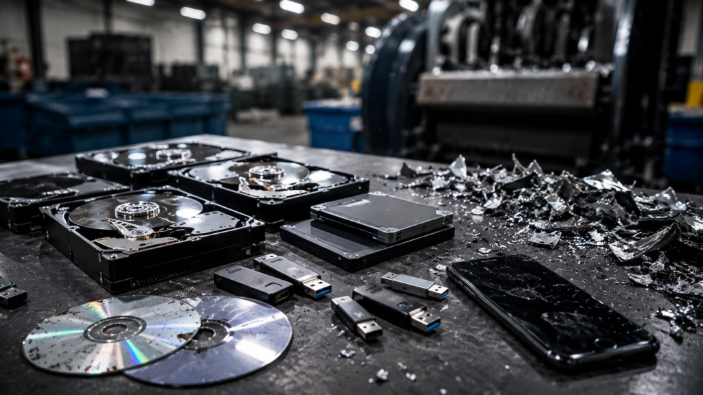 Secure IT equipment disposal with hard drives and electronic devices ready for certified destruction