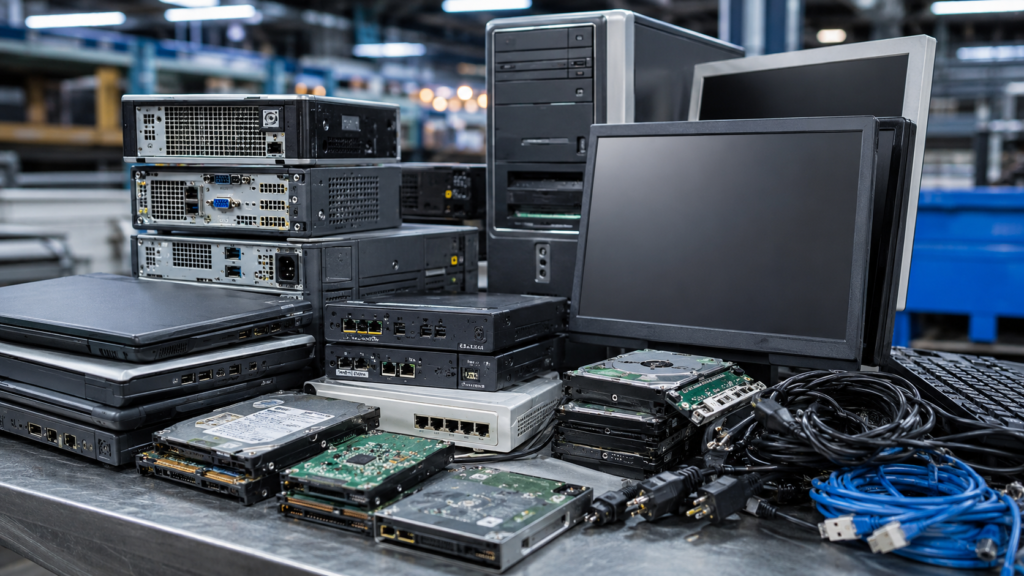 Business laptops, desktop computers and IT equipment awaiting secure disposal and certified recycling