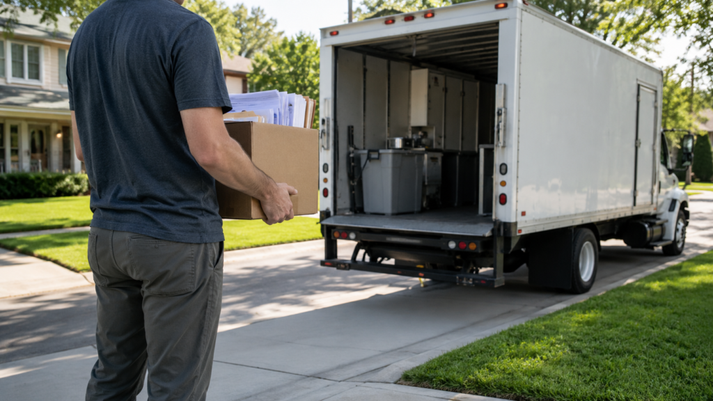 Mobile shredding vehicle collecting documents at a home, the alternative to a desk shredder