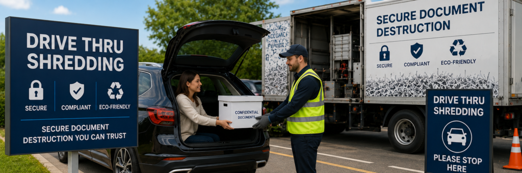 Drive thru shredding service with customer handing confidential documents to secure destruction staffTitle