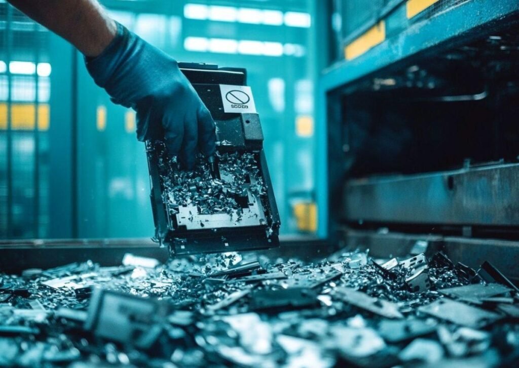 Hard drive being placed into an industrial shredder for secure certified data destruction.