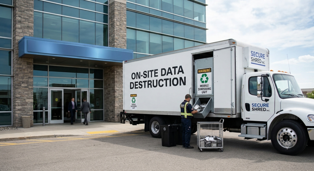 On-site mobile hard drive shredding truck outside a bank office