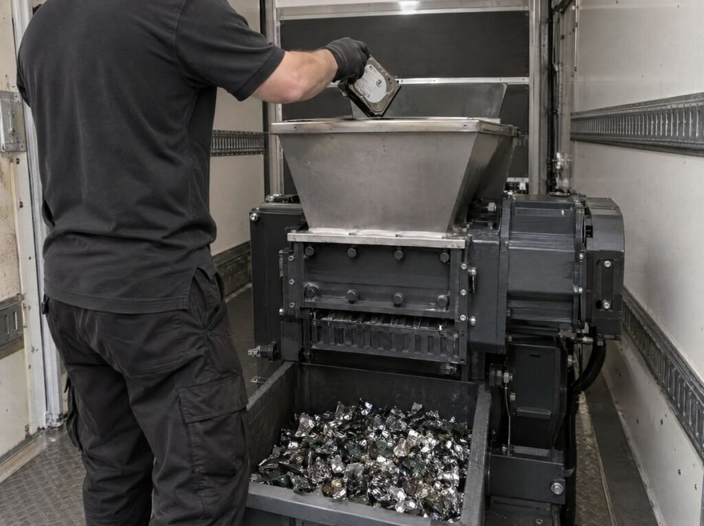 Technician feeding hard drives into a mobile shredder for on-site hard drive shredding