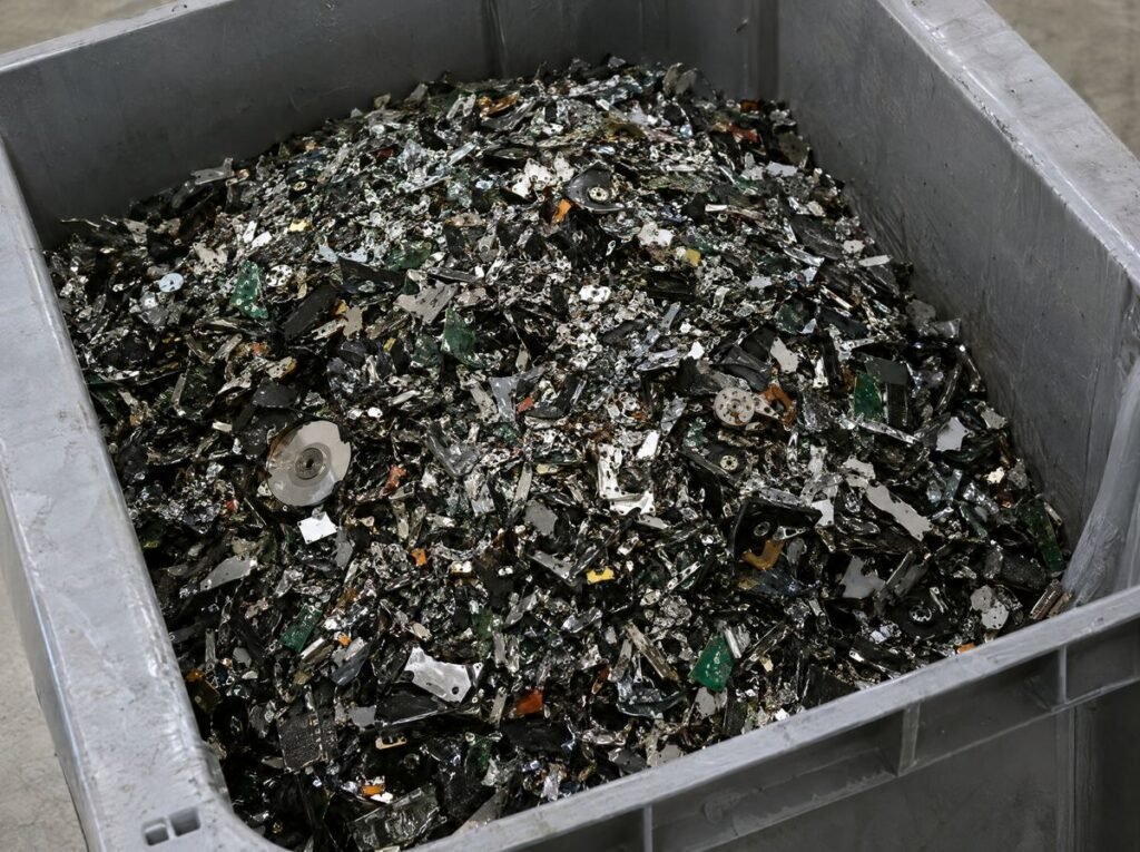 Shredded hard drive and SSD fragments after computer data destruction